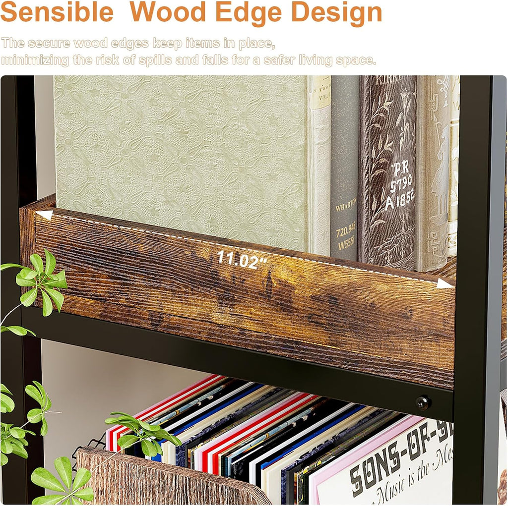 KOUSEI 6-Tier L-Shaped Reversible Corner Bookshelf, 69' Rustic Brown Industrial Wood & Metal Bookcase, Wide Open Shelves + 4 Hooks for Living Room/Bedroom/Home Office
