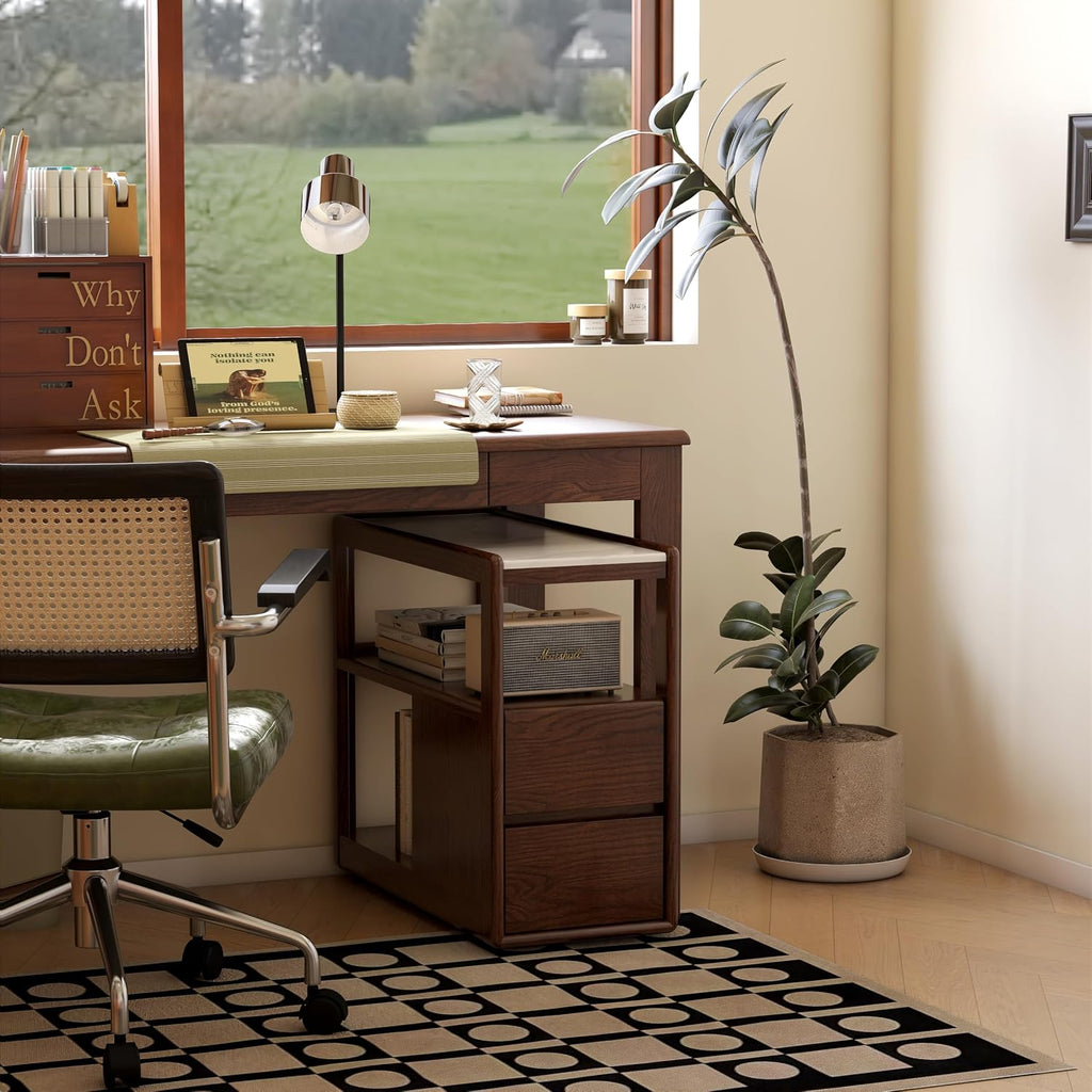 100% Solid Wood Side Table with Storage, Narrow End Table with 2 Drawers, Slim Nightstand and Small Bedside Table with Wheels for Living Room Kitchen Bedroom(Walnut, 15.75' D x 26.77' W x 21.65' H)