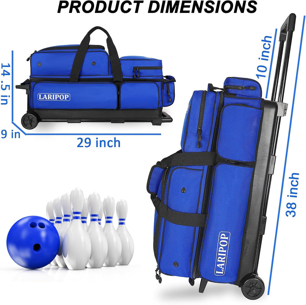 LARIPOP 3 Ball Bowling Bag with Wheels and Shoe Compartment, Rolling Bowling Bag for 3 Balls, Heavy Duty Bowling Roller Bag with Retractable Handle for Men Women