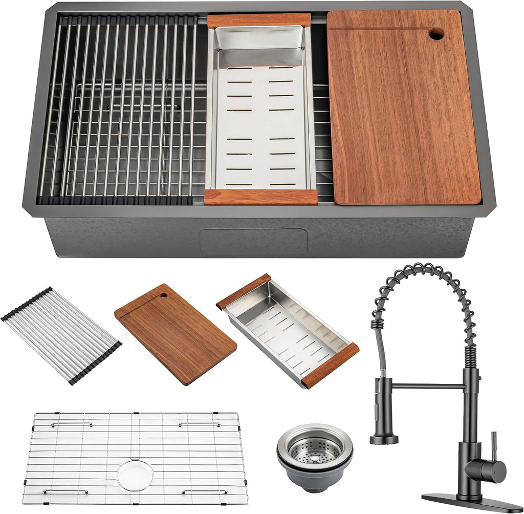 33 Inch Single Bowl Drop In Kitchen Sink, Stainless Steel Kitchen Sink Large Farmhouse Workstation Sinks with Faucet, Single Bowl Topmount Sink, Gunmetal Black