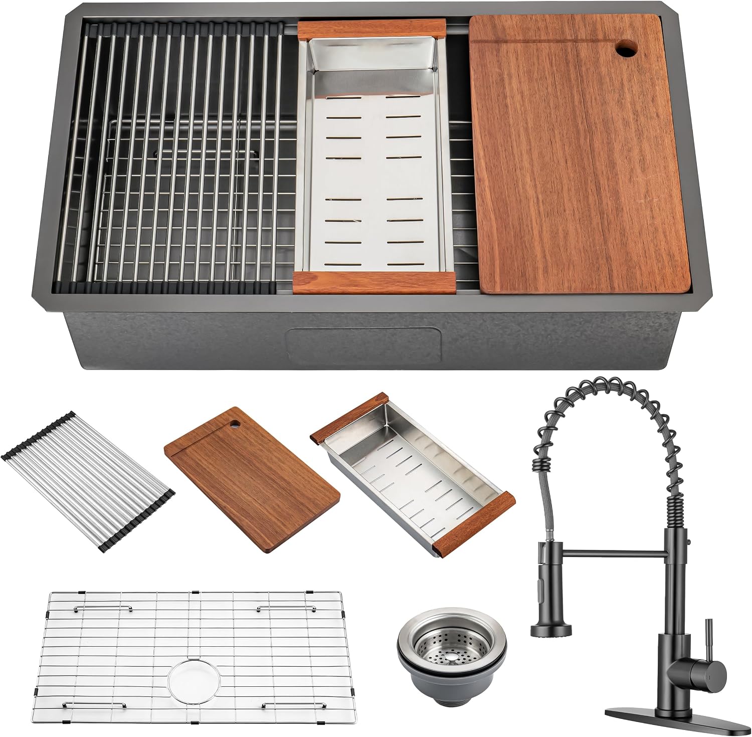 33 Inch Single Bowl Drop In Kitchen Sink, Stainless Steel Kitchen Sink Large Farmhouse Workstation Sinks with Faucet, Single Bowl Topmount Sink, Gunmetal Black