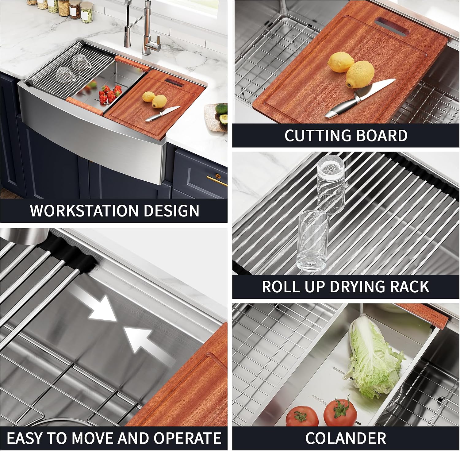 33x22 Inch Farmhouse Kitchen Sink – ALWEN 16 Gauge Scratch-Resistant Stainless Steel Workstation Apron Front Single Bowl Sink, R10 Radius, Ledge & Accessories Included