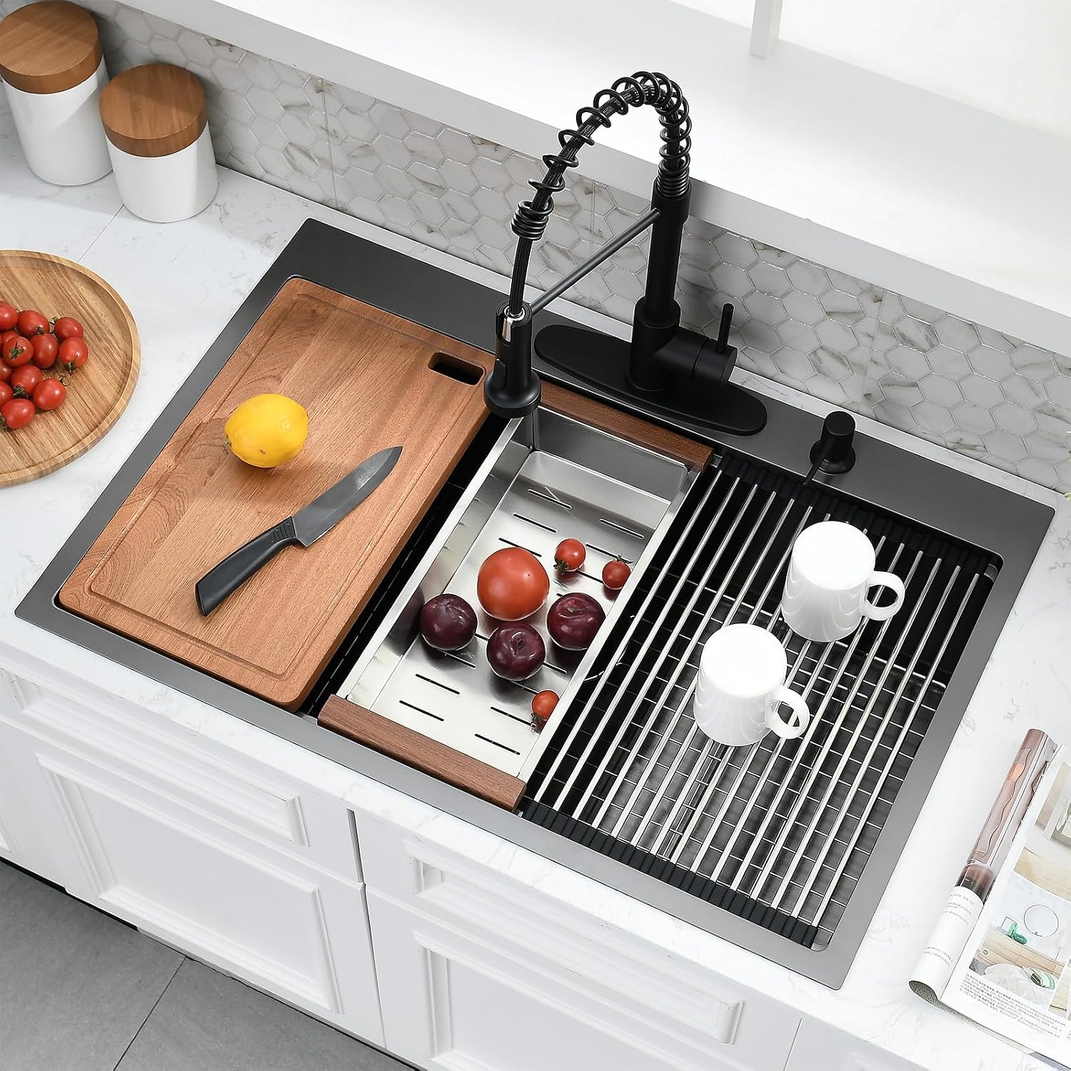 33x19 Black Drop In Kitchen Sink with Faucet - 33 Inch Drop In Kitchen Sink Workstation, 10 Inch Deep Black Stainless Steel Single Bowl Sinks with Accessories