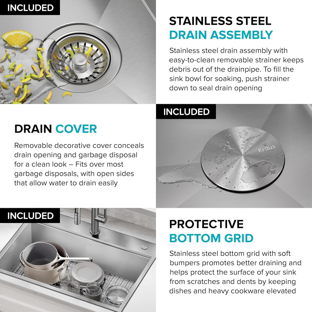 KRAUS Kore 30-Inch Drop In/Top Mount Workstation 16 Gauge Single Bowl Stainless Steel Kitchen Sink with Accessories, KWT310-30