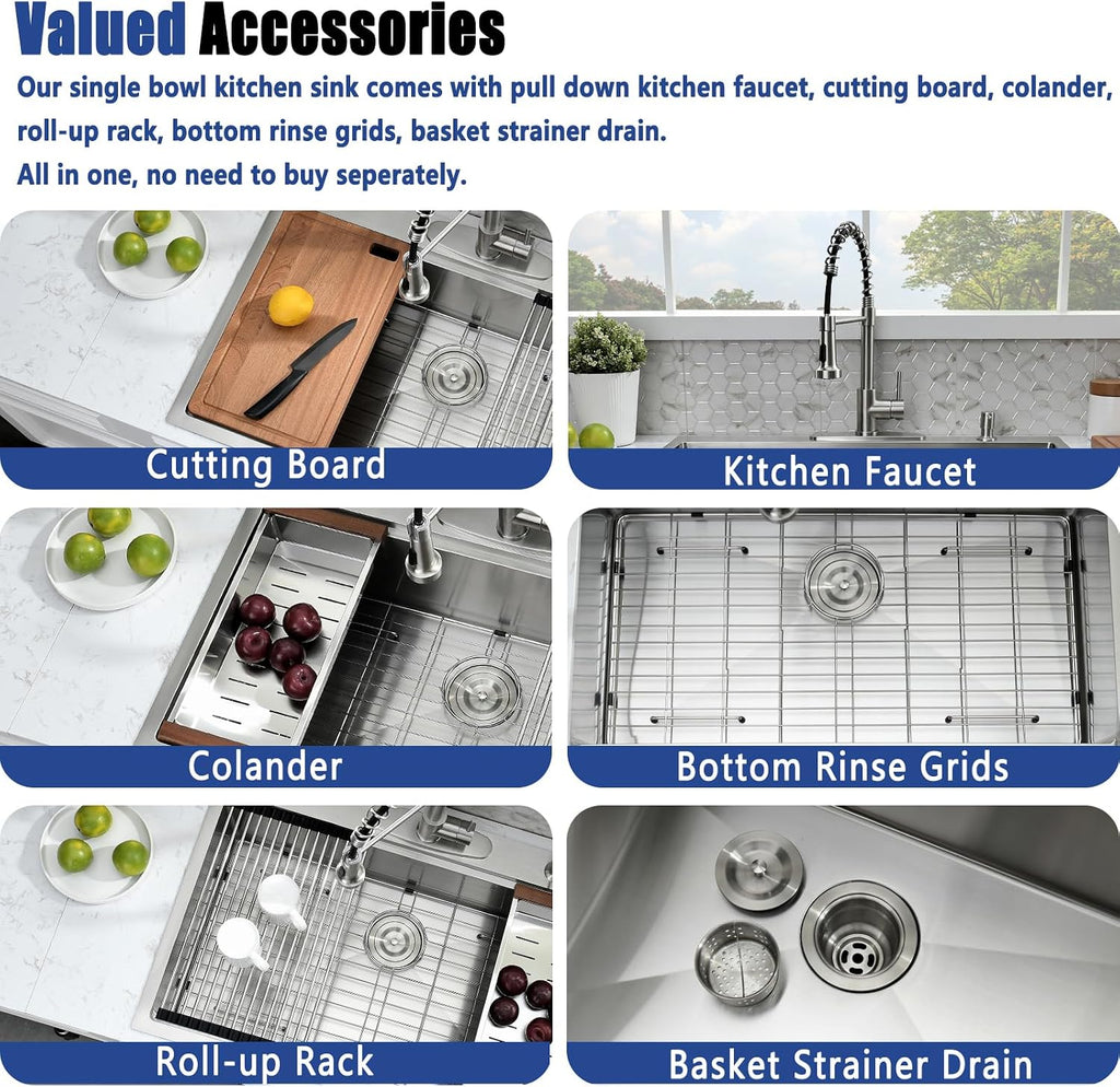 33x19 Drop In Kitchen Sink with Faucet Combo - 33 Inch Single Bowl Kitchen Sink Workstation, 10 Inch Deep Stainless Steel Topmount Sinks with Accessories
