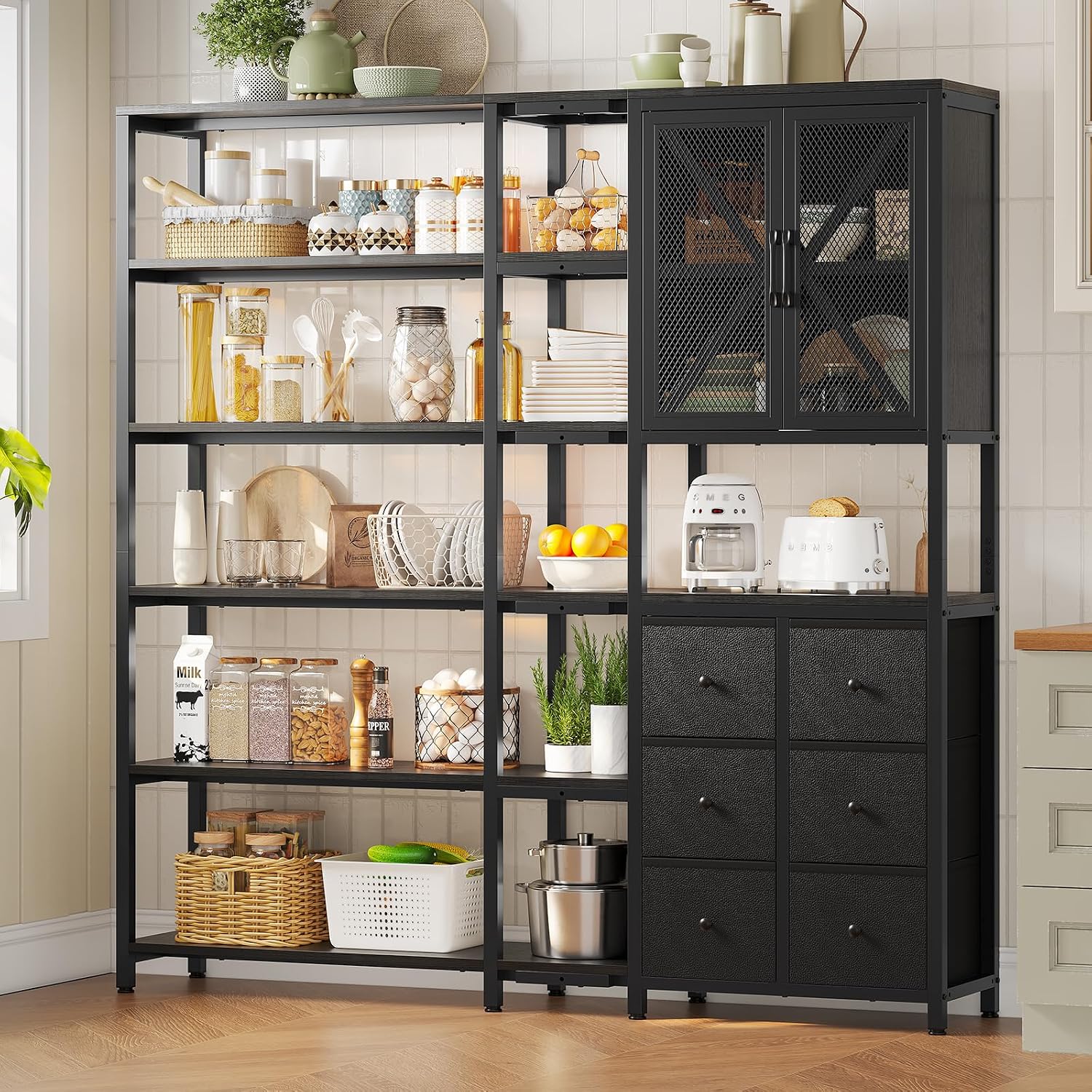HAUOMS Corner Bookshelf, 6 Tier Industrial Convertible Bookshelf with 6 Fabric Drawers, Corner Bookcase Large L Shaped Storage Display Shelf for Home Office, Living Room, Kitchen, Black