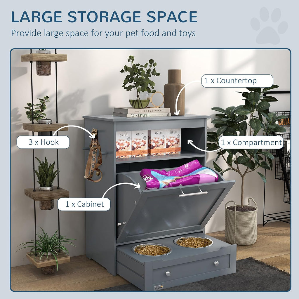 PawHut Dog Feeding Station with Raised Bowls, Dog Food Storage Cabinet with Hanger for Feeding & Watering Supplies, Pet Feeder Station, Gray