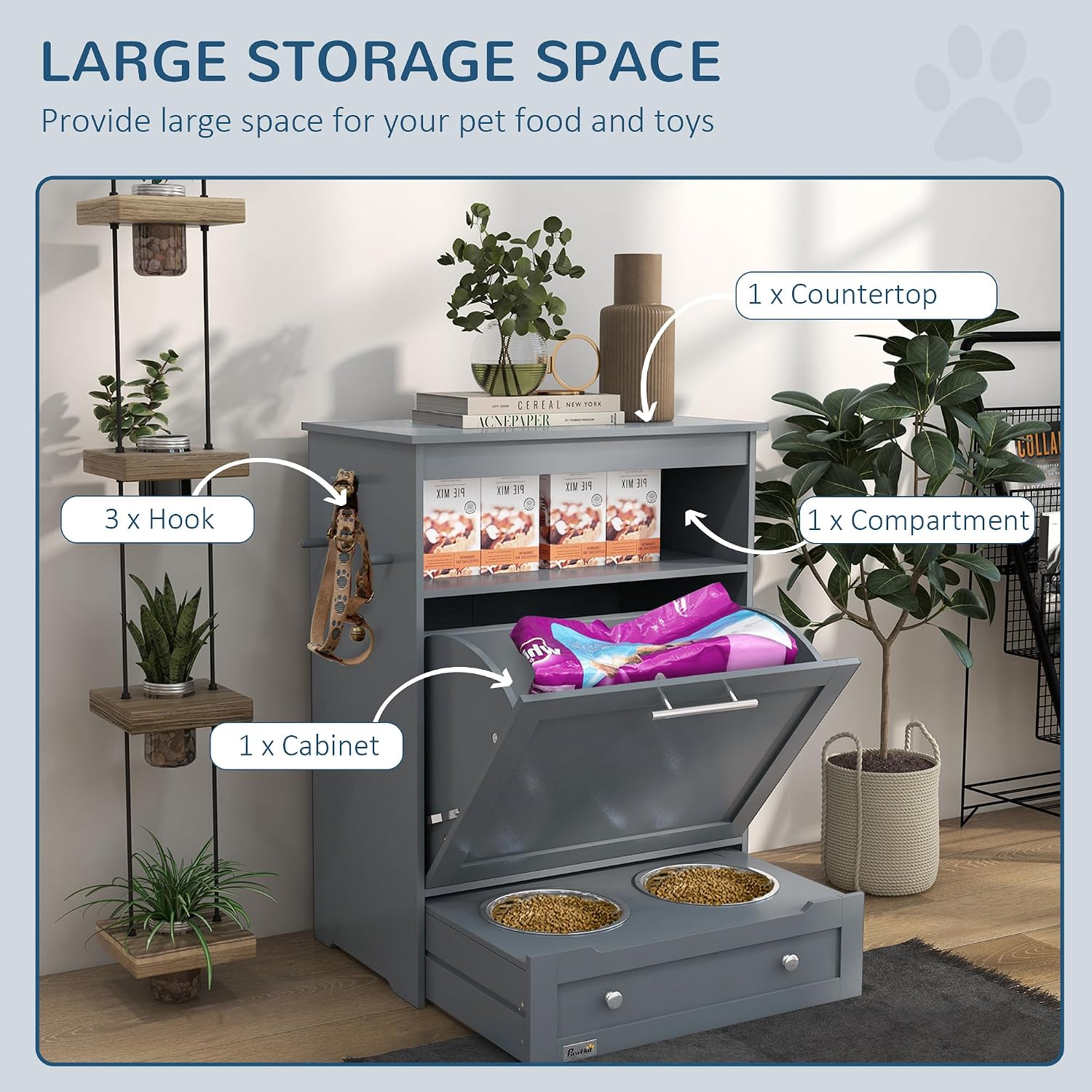 PawHut Dog Feeding Station with Raised Bowls, Dog Food Storage Cabinet with Hanger for Feeding & Watering Supplies, Pet Feeder Station, Gray