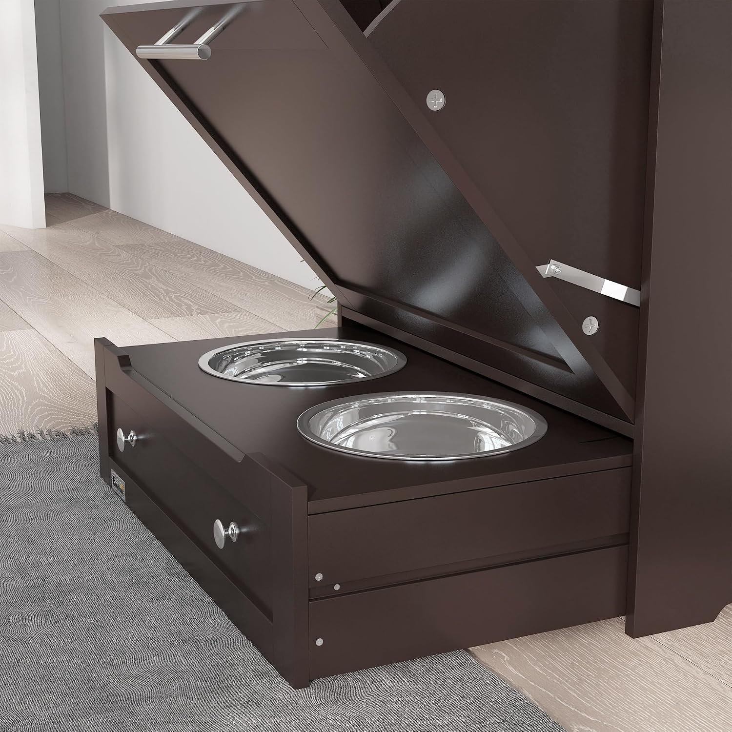 PawHut Dog Feeding Station with Raised Bowls, Dog Food Storage Cabinet with Hanger for Feeding & Watering Supplies, Pet Feeder Station, Brown