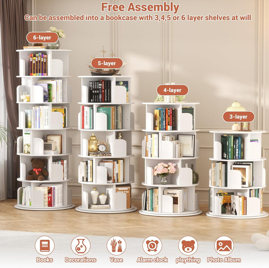 Besiost Rotating Bookshelf Tower, 6 Tier Spinning Bookcase, Revolving 360 Book Shelf Narrow Tall Bookcase, Vertical Turning Round Bookshelf Organizer, Wood Corner Bookshelf for Small Space, White