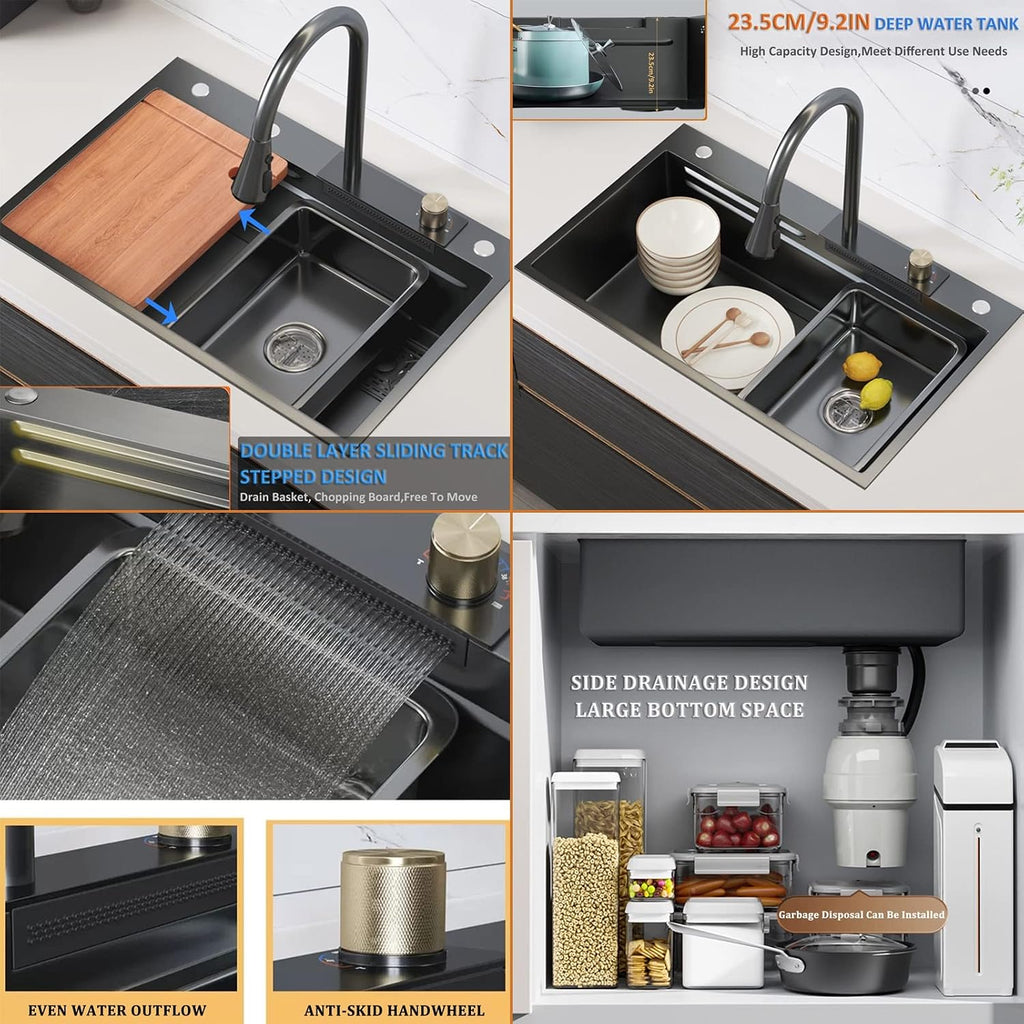 Black Single-Bowl Kitchen Sink 304 Stainless Steel Waterfall Bar Sink Multi-Function Rv Sink with Pull-Type Faucet and Installation Cponents Top Mount Or Under Mount (Color : Black, Siz