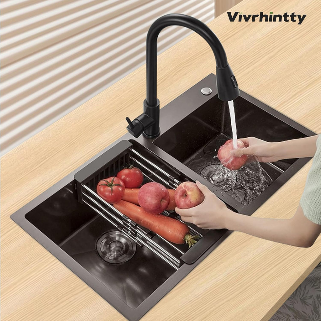 30-inch Black Kitchen Sink, Double Bowl Drop-in/Top-Mount 304 Stainless Steel with Nano Coating, Includes Drain Assembly & Fruit Basket for Modern Kitchen (30.7' x 16.9')