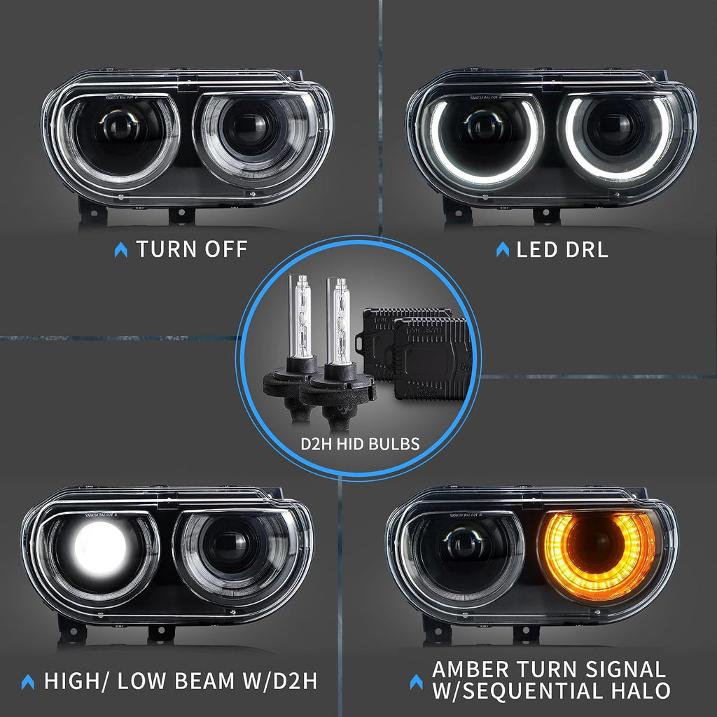VLAND Headlights + D2H Xenon Bulb Kit Compatible with Dodge Challenger 2008-2014 w/Sequential Indicator Halo Passenger+ Driver Sides+Bulbs