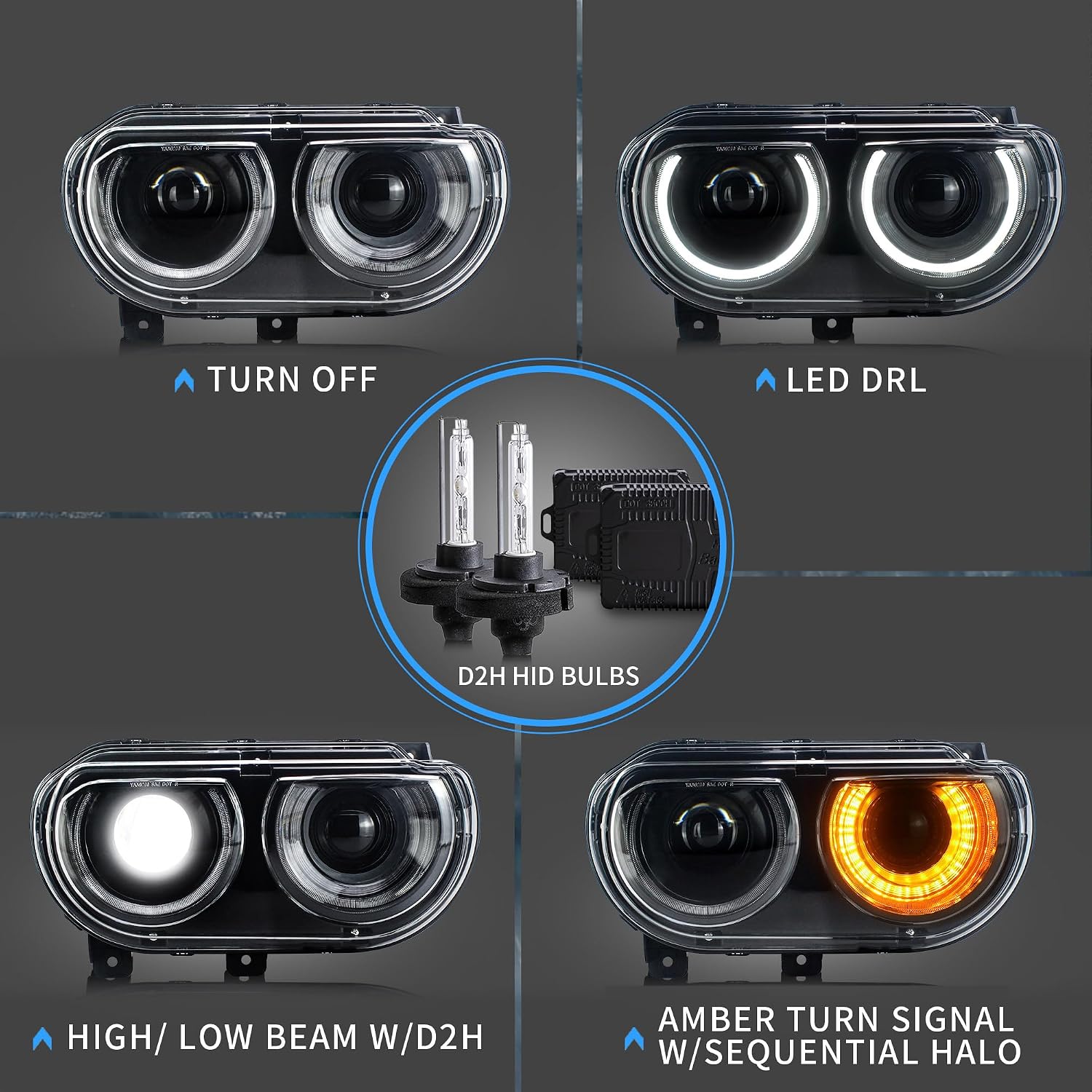 VLAND Headlights + D2H Xenon Bulb Kit Compatible with Dodge Challenger 2008-2014 w/Sequential Indicator Halo Passenger+ Driver Sides+Bulbs