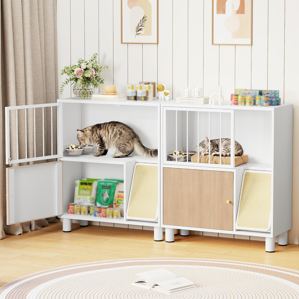 Dog Proof Cat Feeding Station, Metal Cat Feeding Station with Scratching Board, Raised Bowls for Indoor Cats, Elevated Food Bowls with Stand, Pet House Furniture (Metal White)