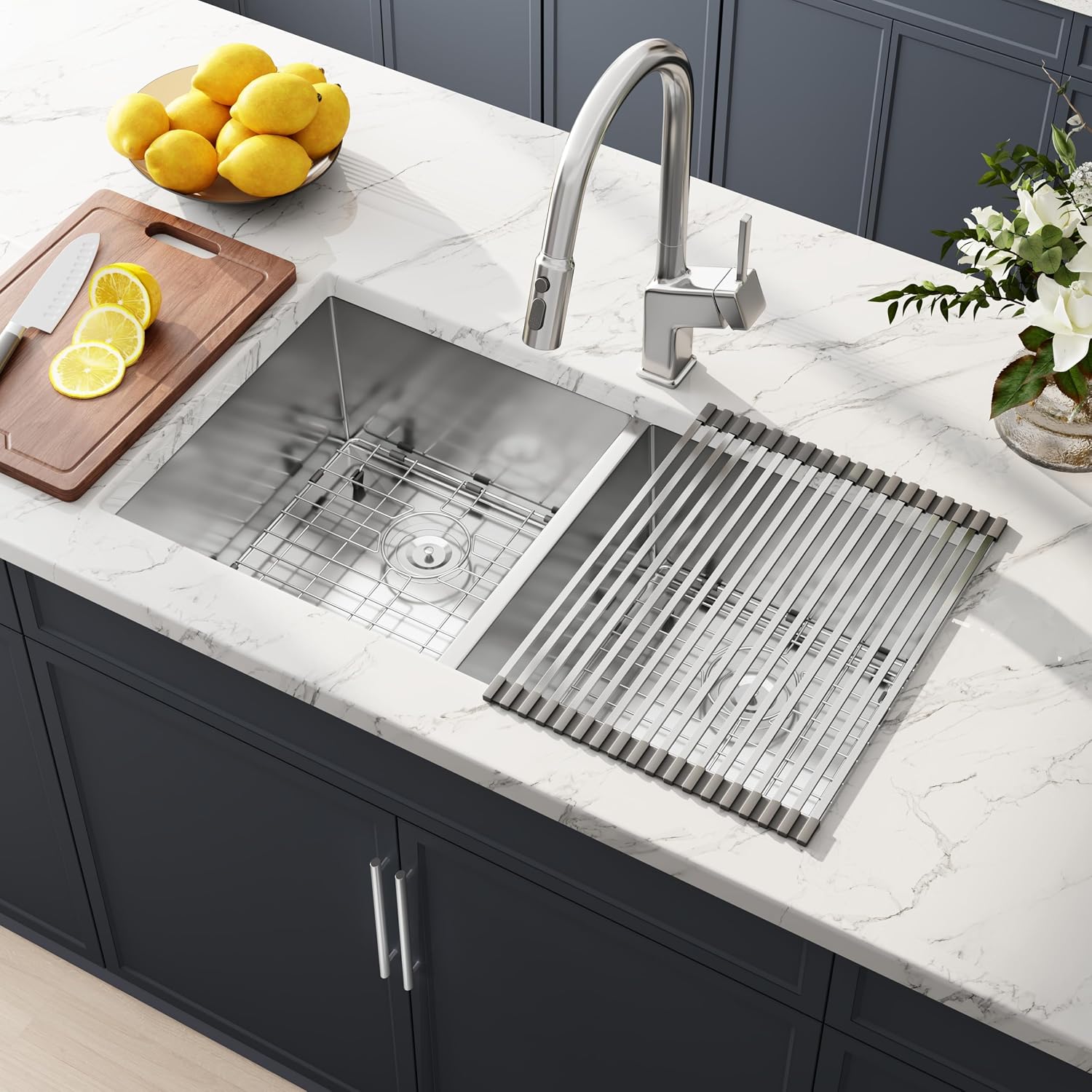 32 Inch Undermount Handmade Double Bowl Kitchen Sink, 16 Gauge 304 Stainless Steel 50/50 Large Capacity Deep Kitchen Sinks, Accessories Combo Included, 32' x 19' x 10'