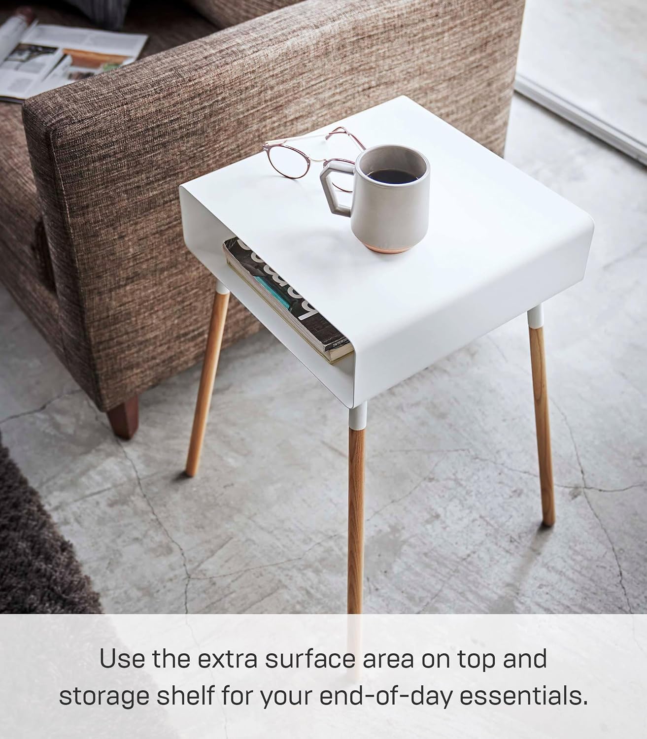 YAMAZAKI Home Plain Side Table with Open Storage Shelf, Rectangular Accent Space Saving Living Room Bedroom Couch End Table - Tall, 23' - Steel + Wood