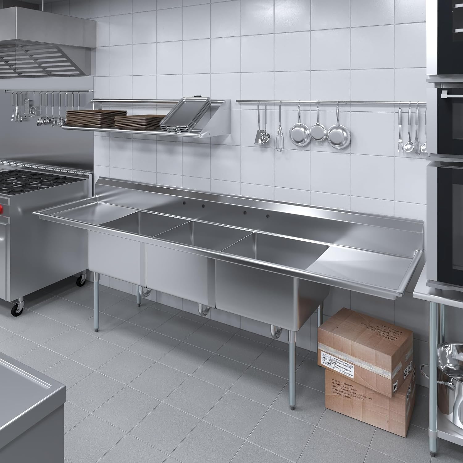 120 in. x 30 in. Stainless Steel Three Compartment Sink with 24 in. x 24 in. x 14 in. Bowls and Dual 24 in. Drainboards
