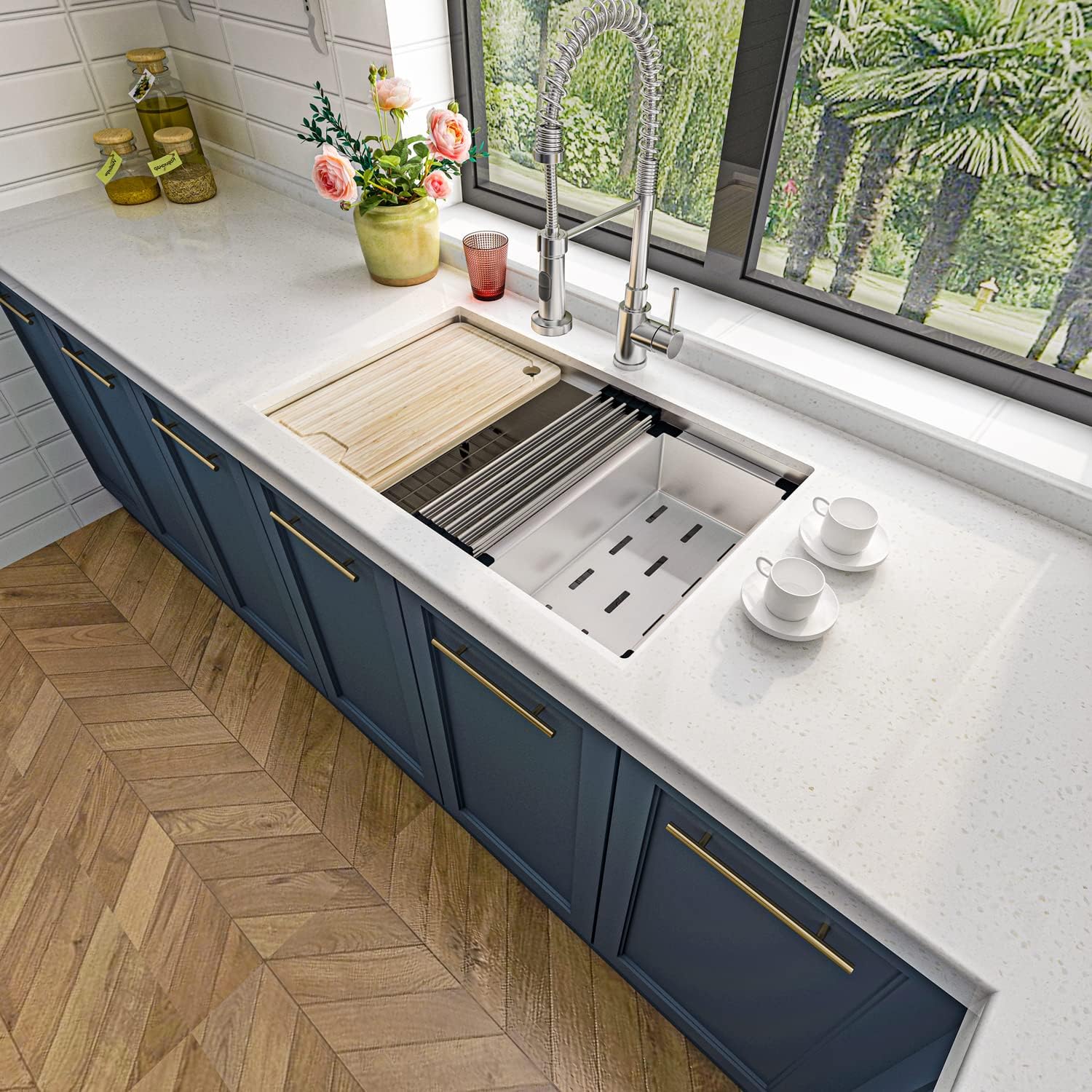 Sinber KSS0002S-OJ 30' x 19' x 10' Undermount Single Bowl Workstation Kitchen Sink with 16 Gauge 304 Stainless Steel Satin Finish 6 Accessories