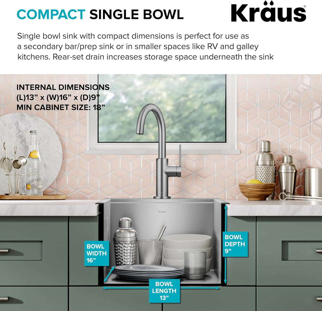 KRAUS Kore 15x22-Inch Drop In/Top Mount Workstation 16 Gauge Single Bowl Stainless Steel Bar Kitchen Sink with Accessories, Kitchen Sinks