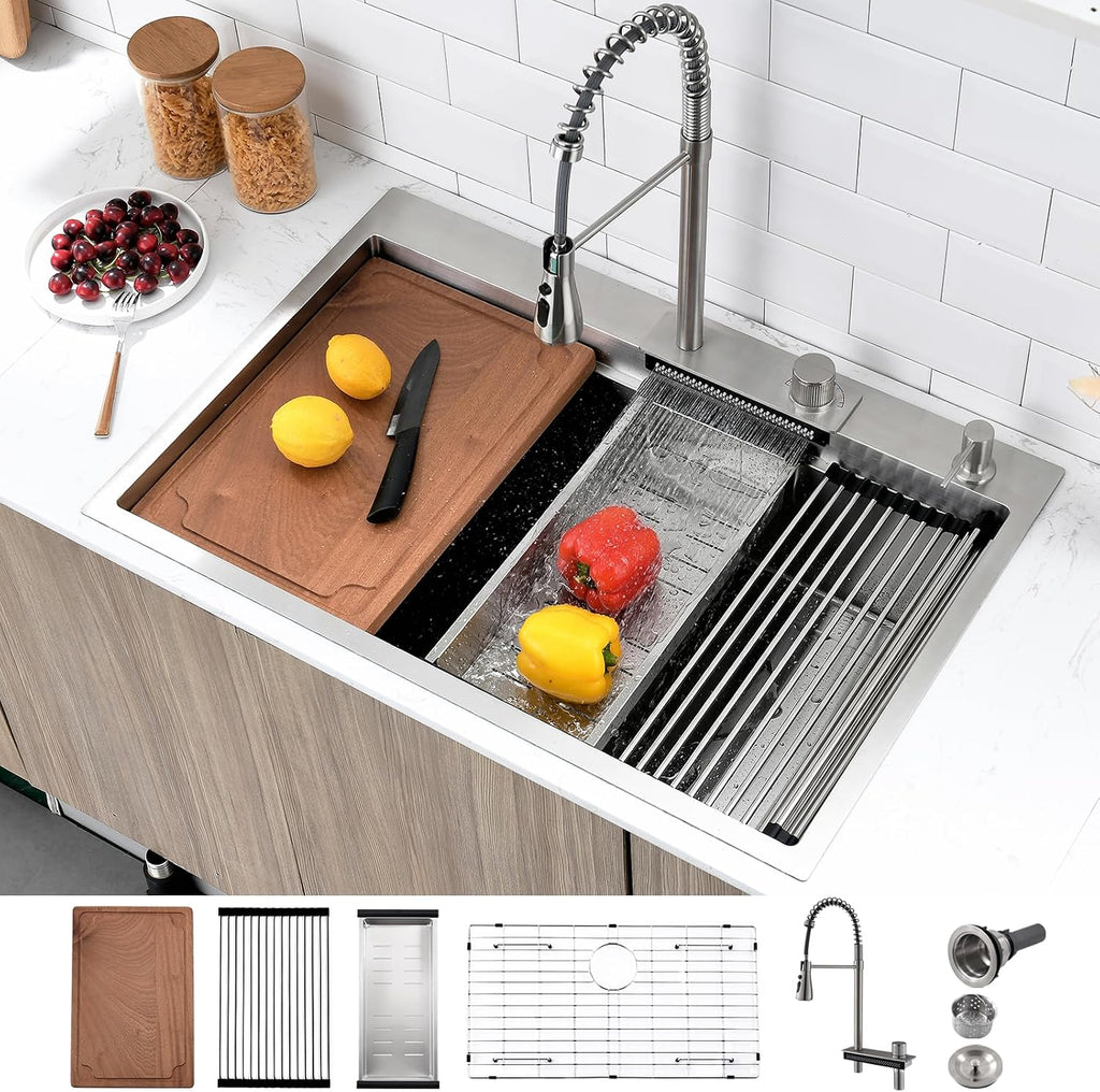 33 Inch Drop In Waterfall Kitchen Sink, 33x22 Drop in Kitchen Sink with Faucet Workstation Kitchen Sink 16 Gauge Stainless Steel Single Bowl Multifunctional Modern Kitchen Sink