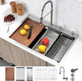 33 Inch Drop In Waterfall Kitchen Sink, 33x22 Drop in Kitchen Sink with Faucet Workstation Kitchen Sink 16 Gauge Stainless Steel Single Bowl Multifunctional Modern Kitchen Sink