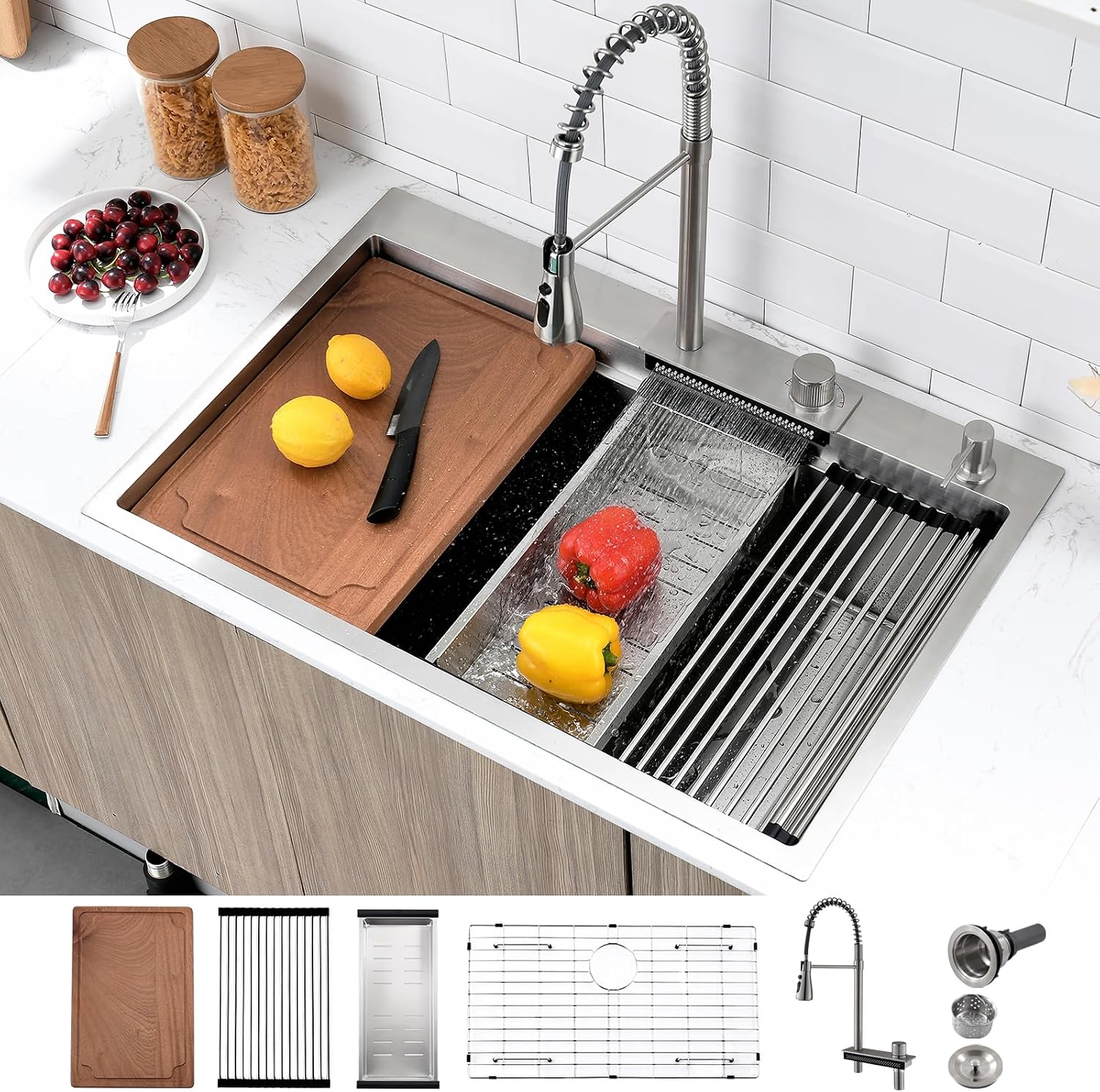 33 Inch Drop In Waterfall Kitchen Sink, 33x22 Drop in Kitchen Sink with Faucet Workstation Kitchen Sink 16 Gauge Stainless Steel Single Bowl Multifunctional Modern Kitchen Sink