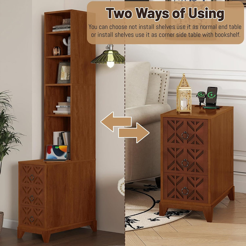 Wood Tall Nightstand with Charging Station, 70.9' Tall End Table with 3 Storage Drawers and 4 Open Shelves, Narrow Slim Sofa Side Table for Small Spaces, Living Room, Bedroom,Corner, Walnut