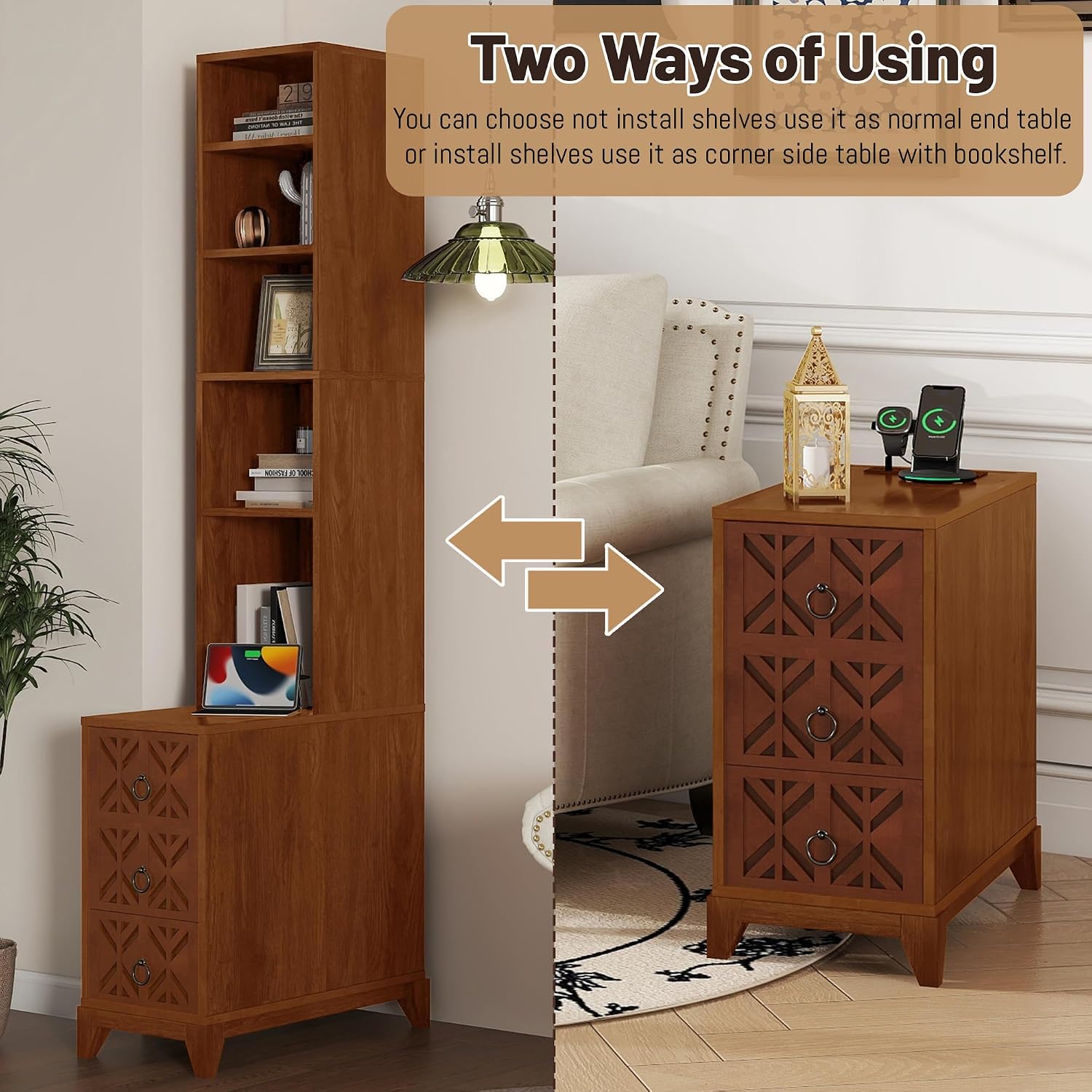 Wood Tall Nightstand with Charging Station, 70.9' Tall End Table with 3 Storage Drawers and 4 Open Shelves, Narrow Slim Sofa Side Table for Small Spaces, Living Room, Bedroom,Corner, Walnut
