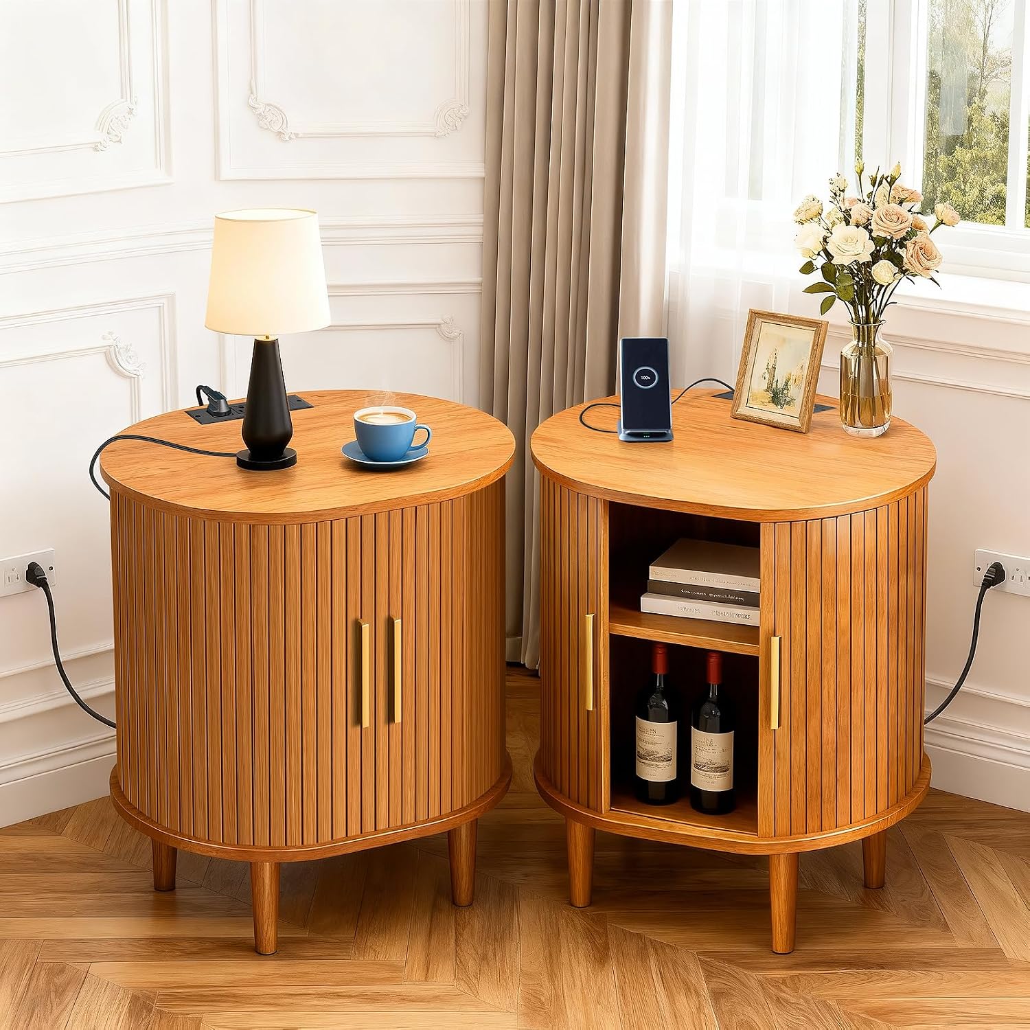 DHH Mid Century Modern Nightstand Set of 2 with Charging Station,Fluted Accent Side Table with Sliding Door & Adjustable Shelf,End Table for Small Space, Living Room, Bedroom,Sofa Couch,Yellow Walnut