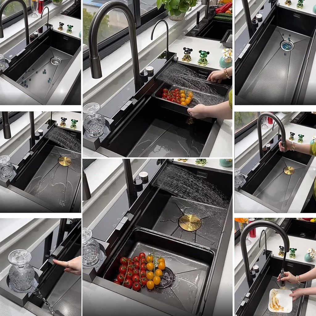 304 Stainless Steel Honeycomb Digital Display Waterfall Sink Multi Function Single Bowl Kitchen Sink RV Sink Manual Vegetable Wash Basin with Pulling Faucet(