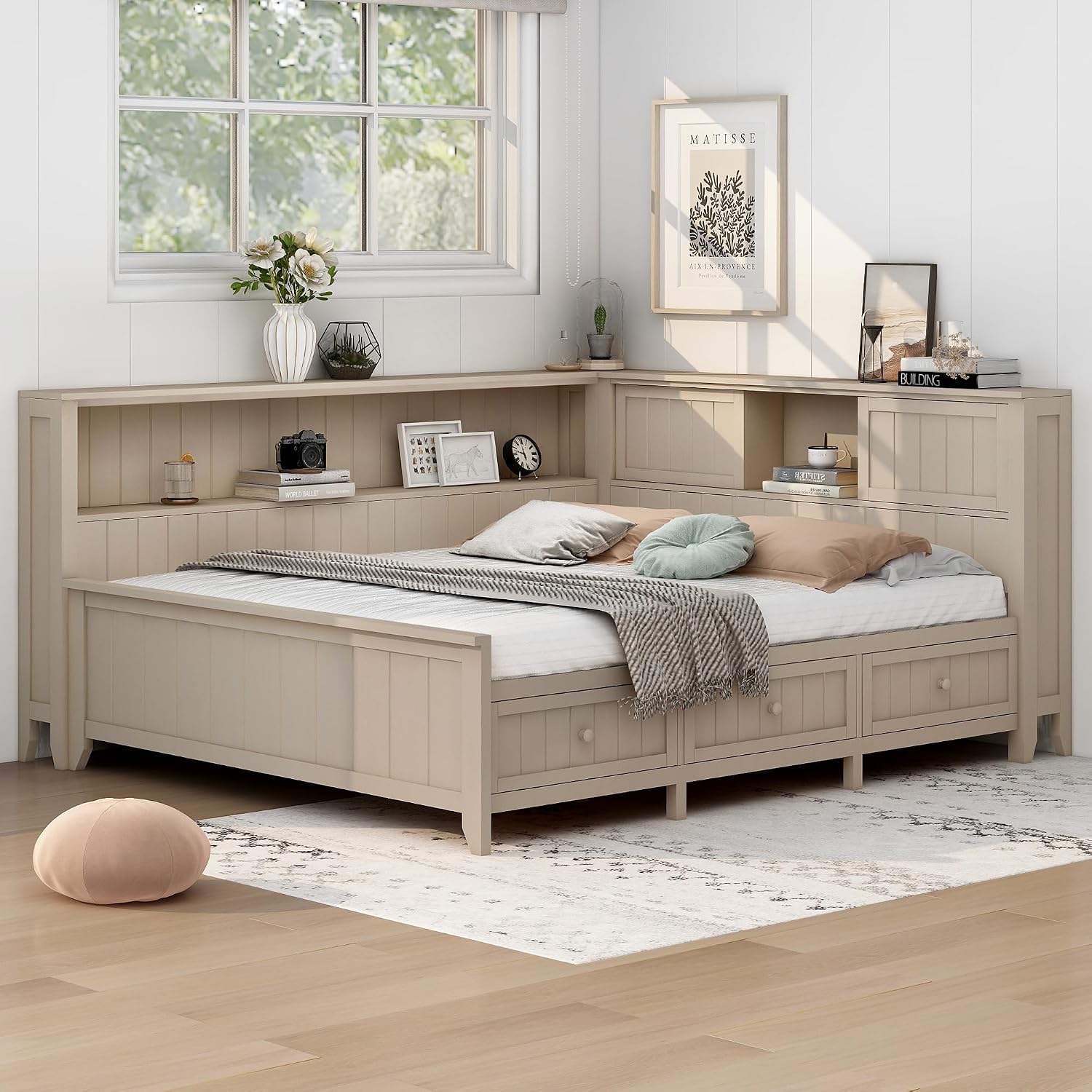 Merax Full Size Corner Bed Frame with 3 Drawers & Storage Shelves & Sliding Doors, Farmhouse Style Wood Platform Bed for Bedroom/Guest Room, No Box Spring Needed