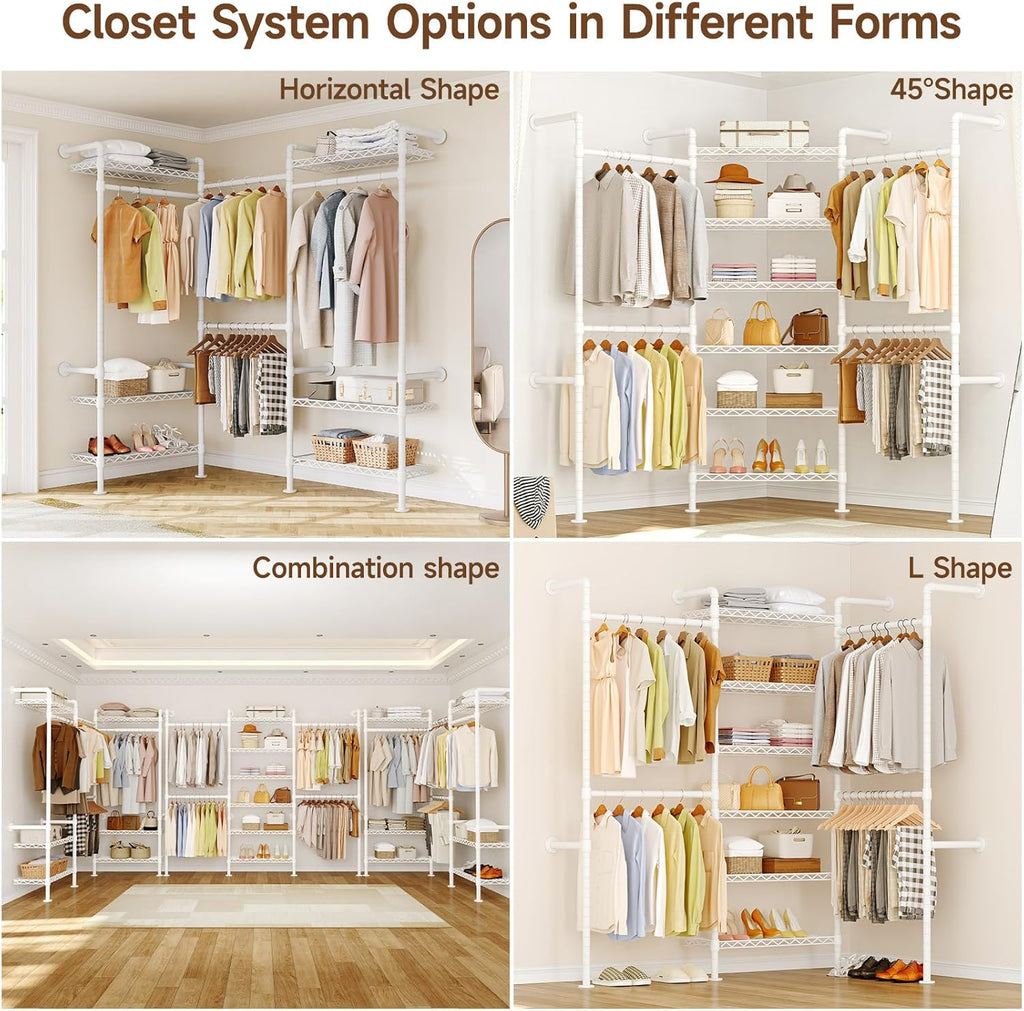 ONBRILL L3 Wall Mounted Industrial Pipe Closet System, Corner Closet Organizers with 4 Telescopic Rods & 6 Shelves, Heavy Duty Clothing Clothes Rack in Wardrobe Closet (White)