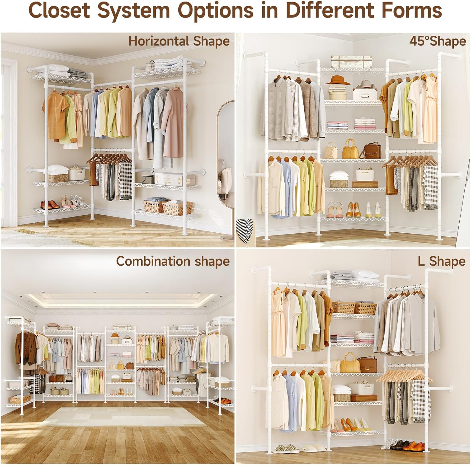 ONBRILL L3 Wall Mounted Industrial Pipe Closet System, Corner Closet Organizers with 4 Telescopic Rods & 6 Shelves, Heavy Duty Clothing Clothes Rack in Wardrobe Closet (White)