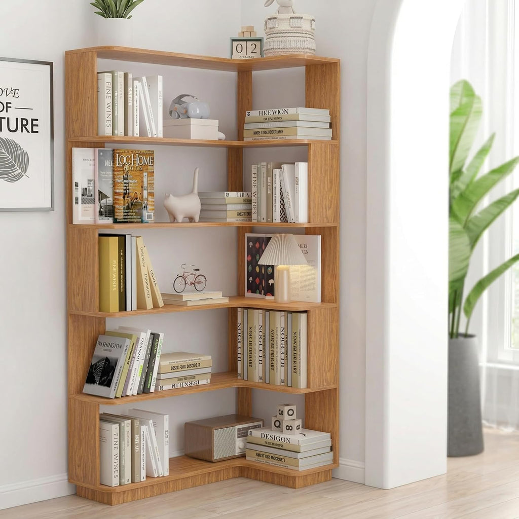 6 Tier Corner Bookshelf, Freestanding L-Shaped Wooden Bookcase with Open Shelves, Anti-Fall Panels and Anti-Tipping Device for Living Room, Home Office (Dark Oak with Left Extension)