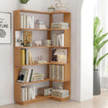 6 Tier Corner Bookshelf, Freestanding L-Shaped Wooden Bookcase with Open Shelves, Anti-Fall Panels and Anti-Tipping Device for Living Room, Home Office (Dark Oak with Left Extension)