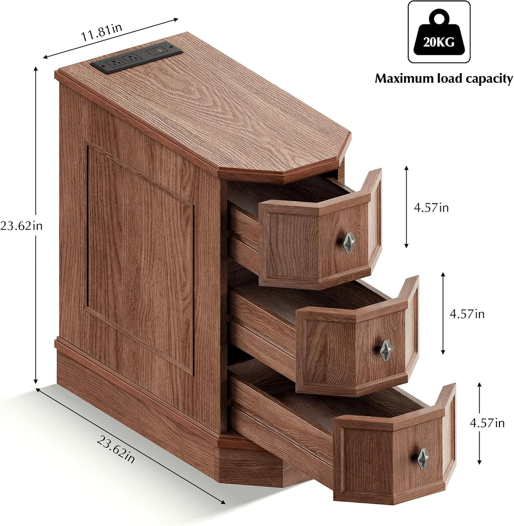 Nightstand with Charging Station, Vintage Wood End Table with 3 Drawer, Victoria Narrow Side Table, Slim Bedside Tables for Bedroom, Pre-Installation, Brown