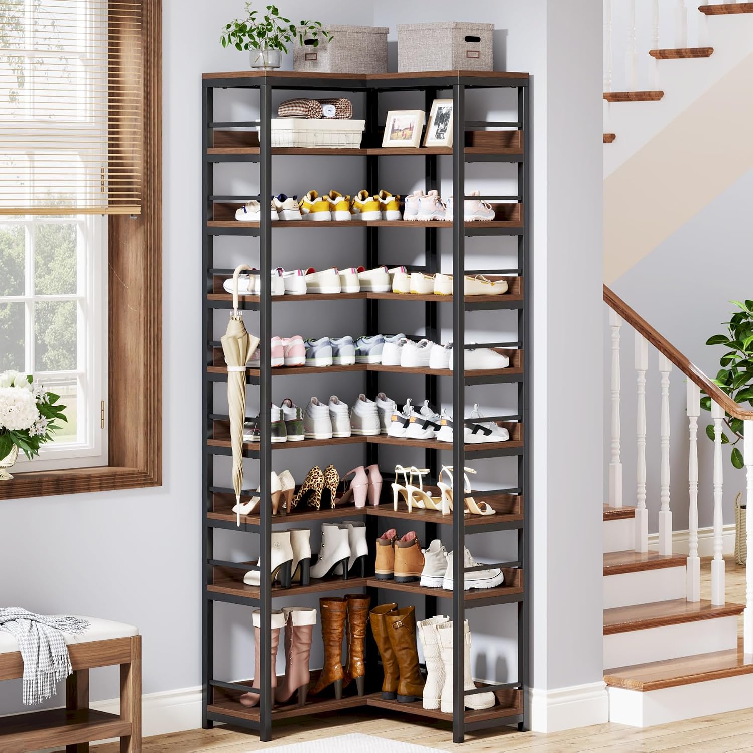 Tribesigns 9 Tiers Corner Shoe Rack, Tall Vertical Shoe Rack Organizer, Free Standing Large Shoe Storage Shelf for Entryway Hallway Closet, Space Saving, Rustic Brown