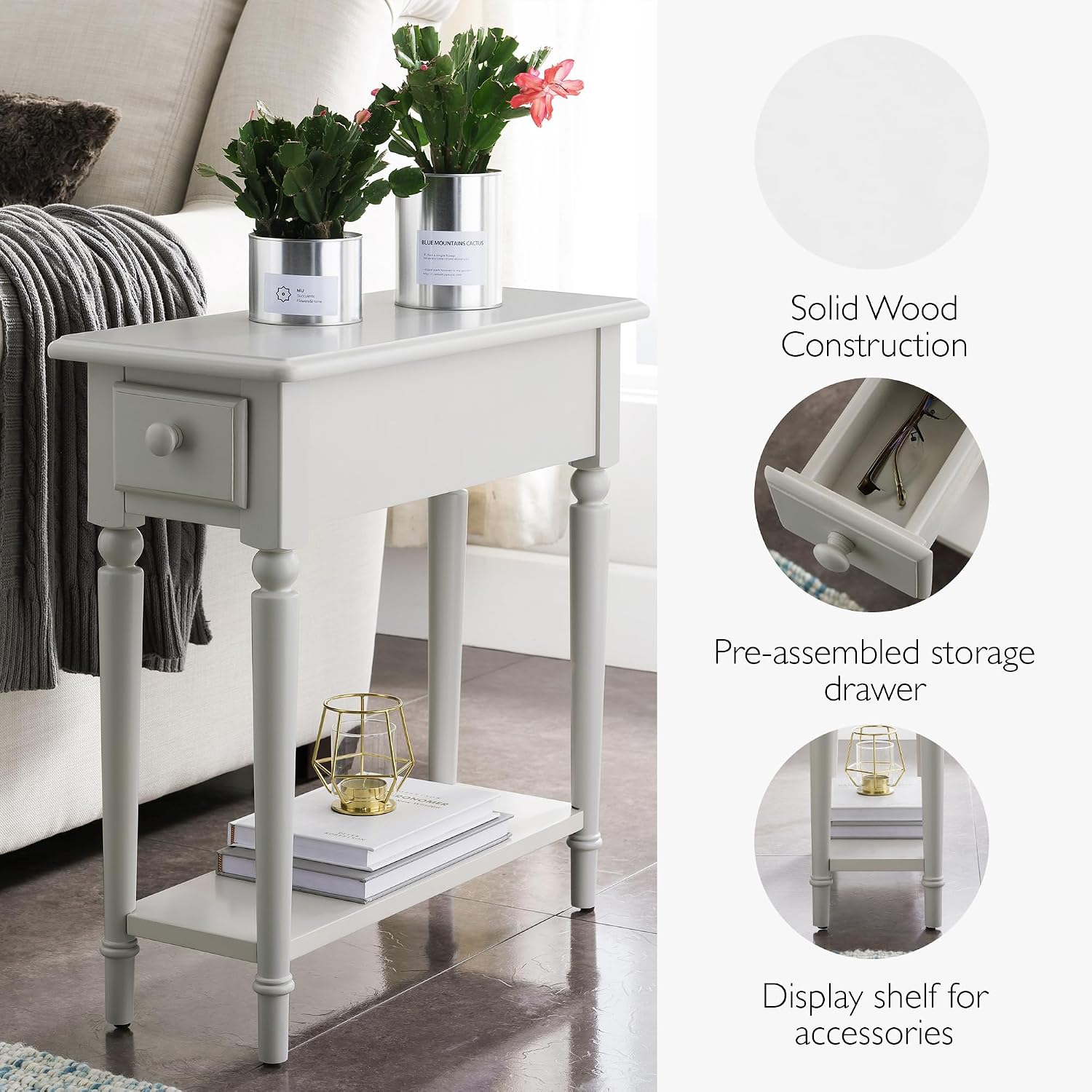 Leick Home Coastal End Table, Solid Wood, 1 Drawer, Bottom Display Shelf, Easy-Assembly, For Living Room/Bedroom, Greige, 23.5 in. L x 10.0 in. W x 24.0 in. H, 20017-GR