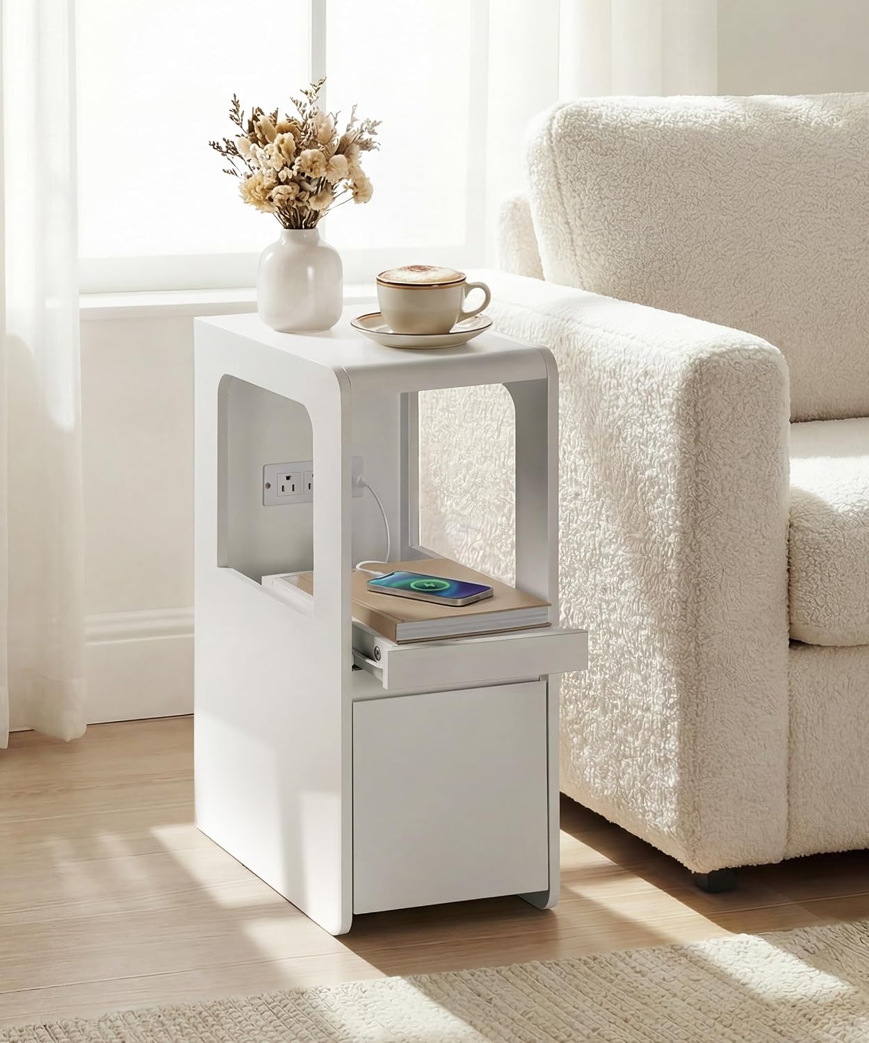 Narrow Side Table Small End Table with Charging Station White Skinny End Tables with Drawers Slim Wood Nightstand Modern Couch Sofa Side Tables Tray for Living Room Bedroom Small Spaces