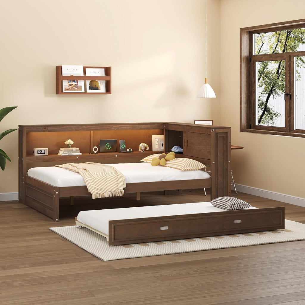 Merax Full Size Daybed Frame with Trundle Bed for Kids, Daybed Full Size with Storage Shelves and Headboard, Wood Corner Bed with USB Ports and LED for Living Room, Brown