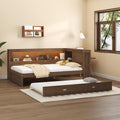 Merax Full Size Daybed Frame with Trundle Bed for Kids, Daybed Full Size with Storage Shelves and Headboard, Wood Corner Bed with USB Ports and LED for Living Room, Brown