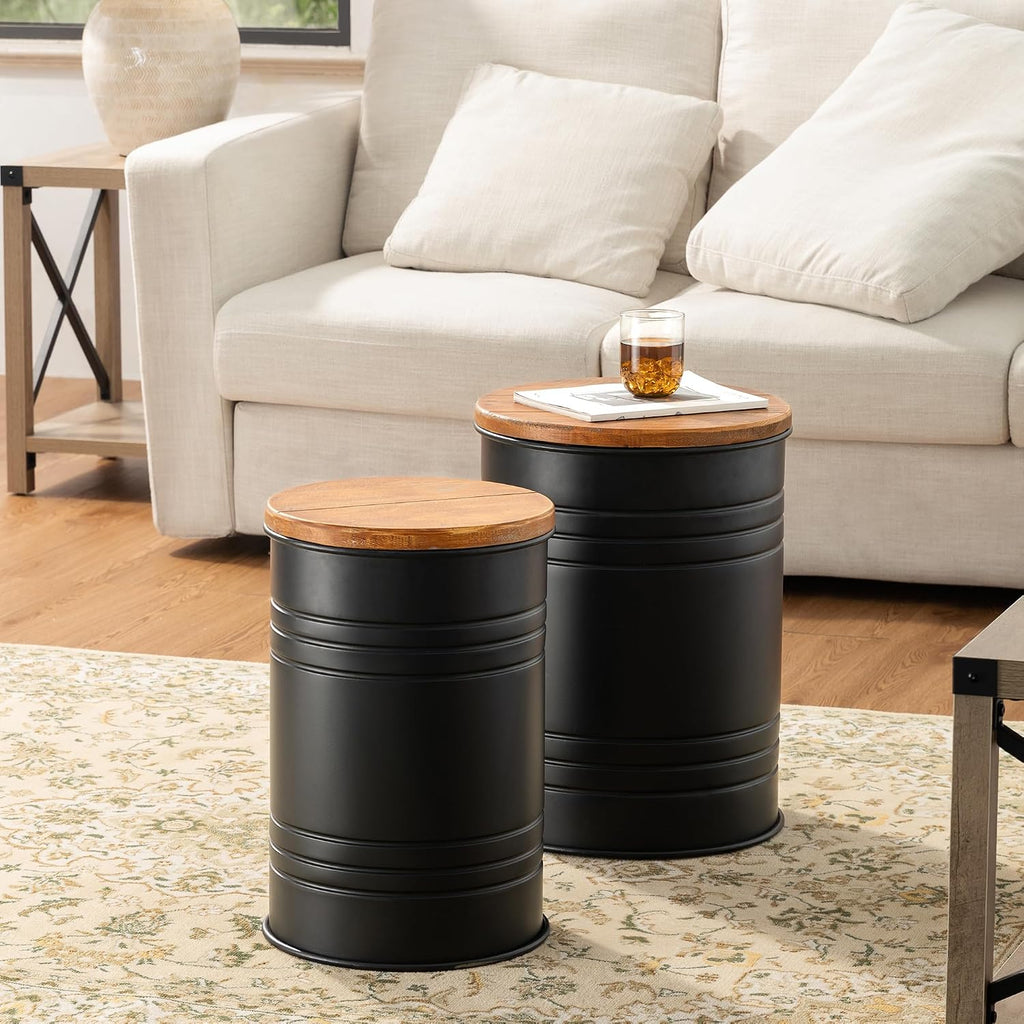 Glitzhome 4-Piece Galvanized Side Table Set, Metal Farmhouse Barrel Toy Box Bins with Round Wood Lid, Rustic Ottoman Seat Stool with Large Storage Space, for Living Room, Bedroom,Black