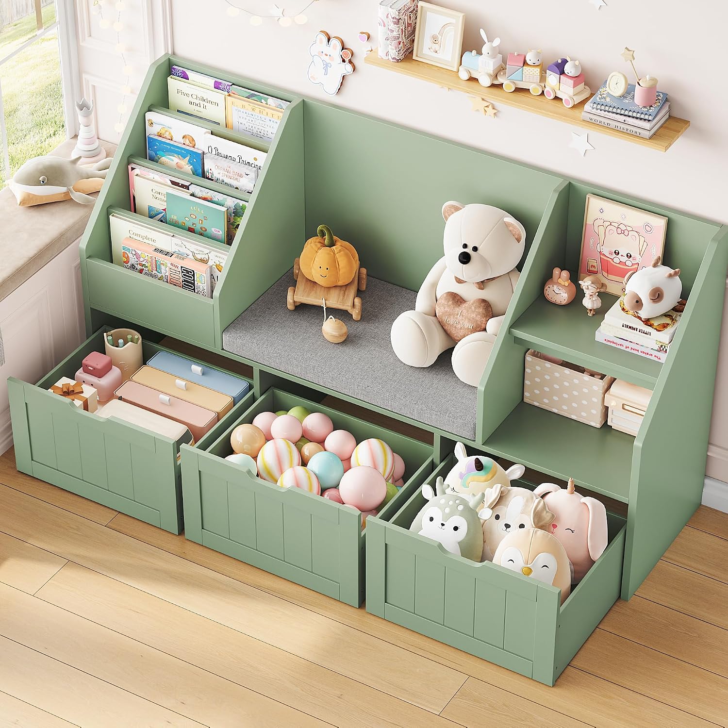 FOTOSOK 55.1'' Kids Bookshelf with Reading Nook, Toy Storage Organizer with Seat Cushion and 3 Movable Drawers, Kids Reading Nook Toy Organizers and Storage with Bench for Playroom, Bedroom, Green