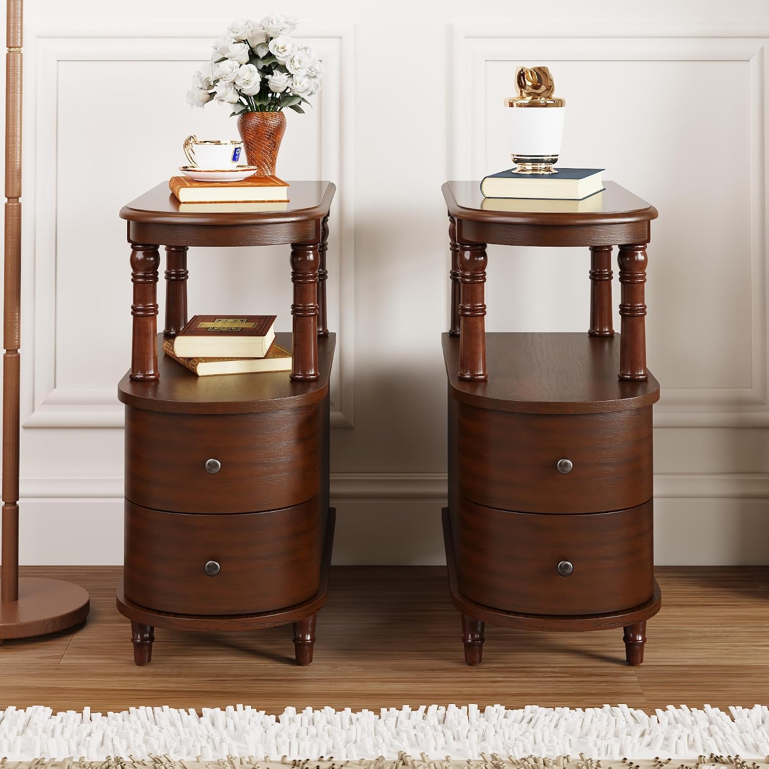Narrow End Table Set of 2 with 2 Storage Drawers, Vintage Sofa Beside Table, Wood Slim SideTable for Living Room,Saving-space, 23.4'L x 11.4'W x 25.3'H, No-Tools Assembly, Cherry Walnut BG-A508-CY