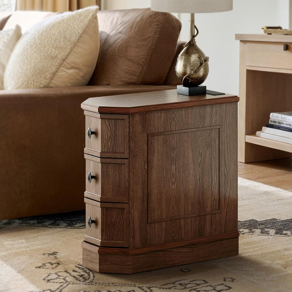 Nightstand with Charging Station, Vintage Wood End Table with 3 Drawer, Victoria Narrow Side Table, Slim Bedside Tables for Bedroom, Pre-Installation, Brown