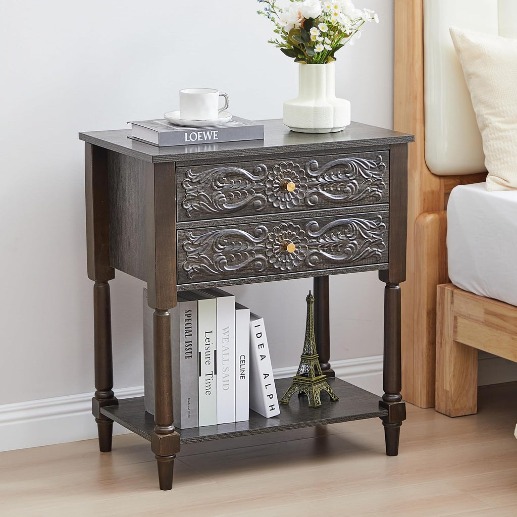 Nightstand, Farmhouse Bedside Table with 2 Drawers and Open Shelf, Wood Sofa Side Table End Table Accent Dresser for Bedroom, Living Room (with Shelf, Black Brown)