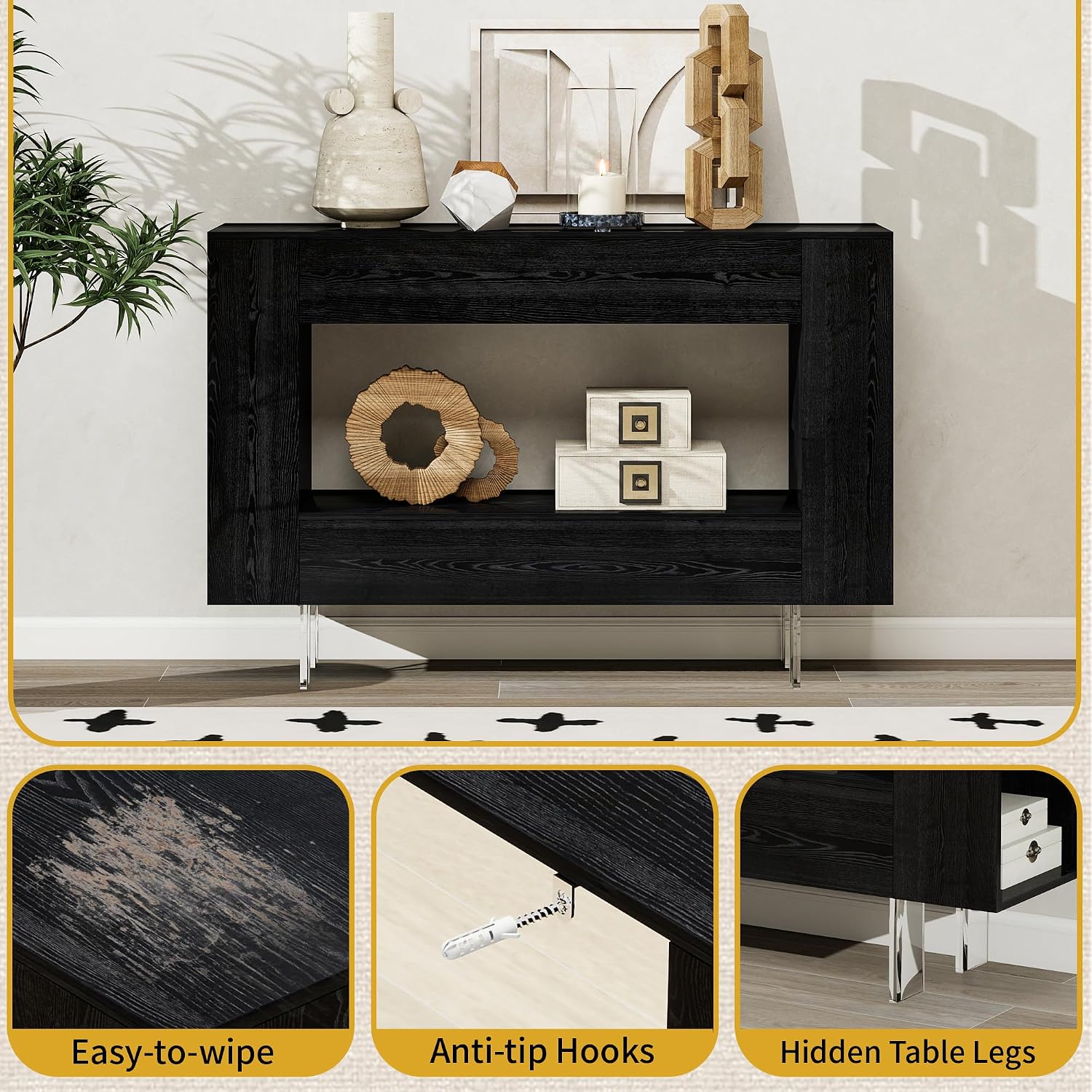 47' Narrow Console Table with Hidden Side Storage Cabinets, Adjustable Shelves, Modern Black Entryway Sofa Table for Behind The Couch, Living Room, Hallway