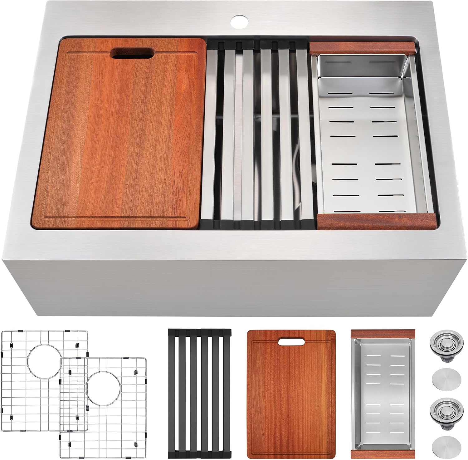 Rhbamoa 28 Inch Double Farmhouse Sink,16-Gauge T304 Drop In Farm Sink,50/50 Topmount Double Bowl Apron Front Farm Sinks,10 Inch Depth Stainless Steel Farmhouse Sinks with All Accessories