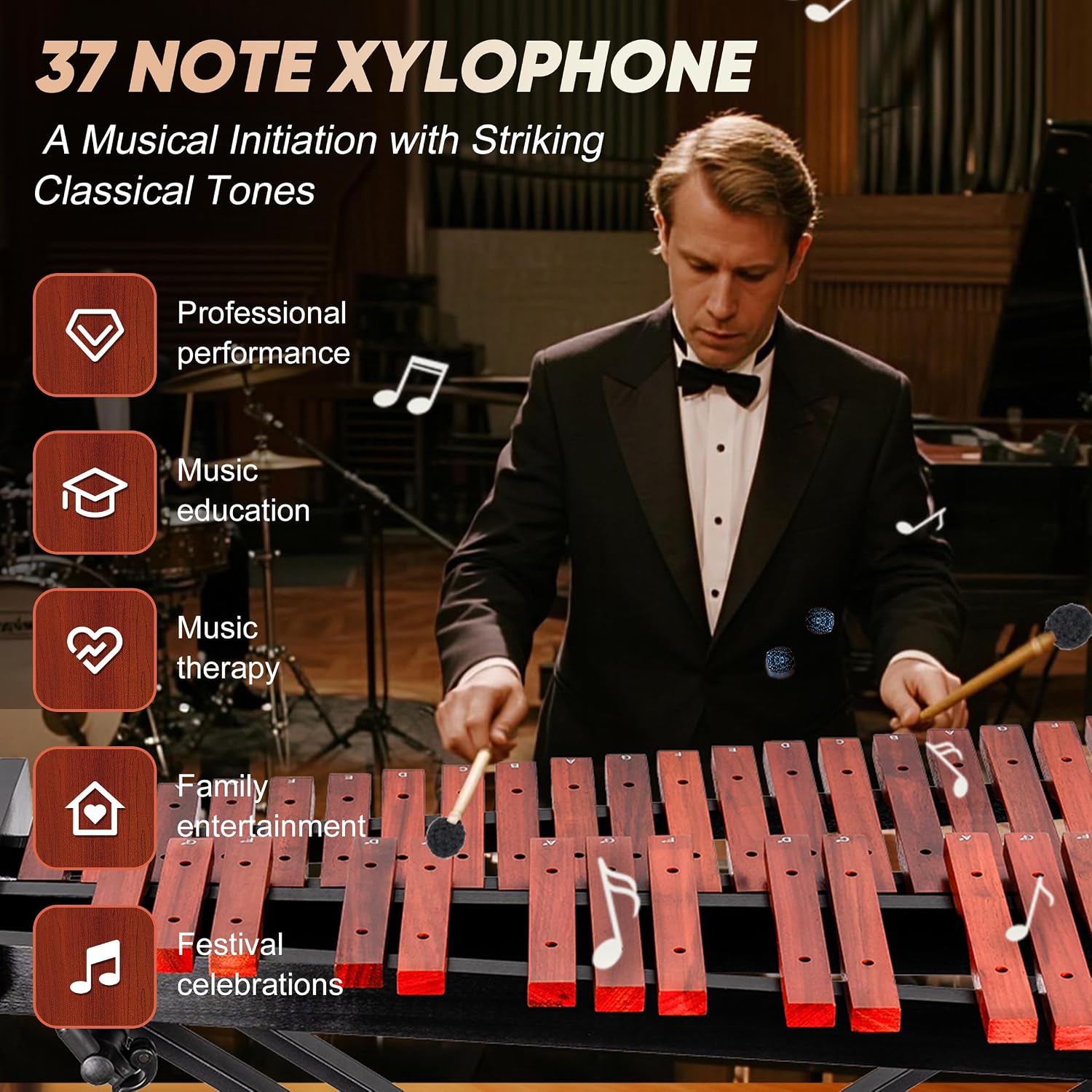 37-Note Xylophone Wooden Xylophone Professional Marimba Glockenspiel with Adjustable Stand - Premium Musical Instrument Includes 4 Mallets, Hand Bell & Bag